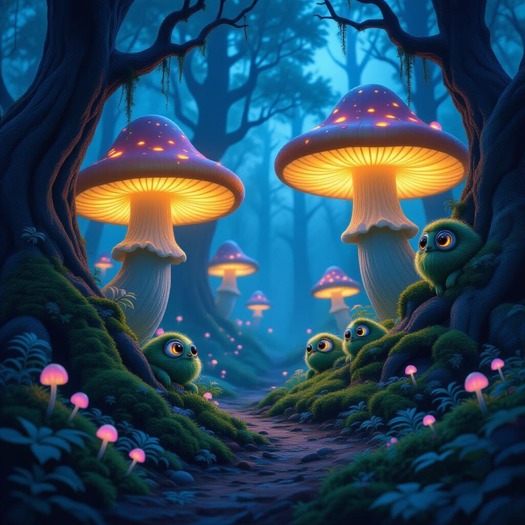 Bioluminescent Mushroom Forest With Glowing Fungi