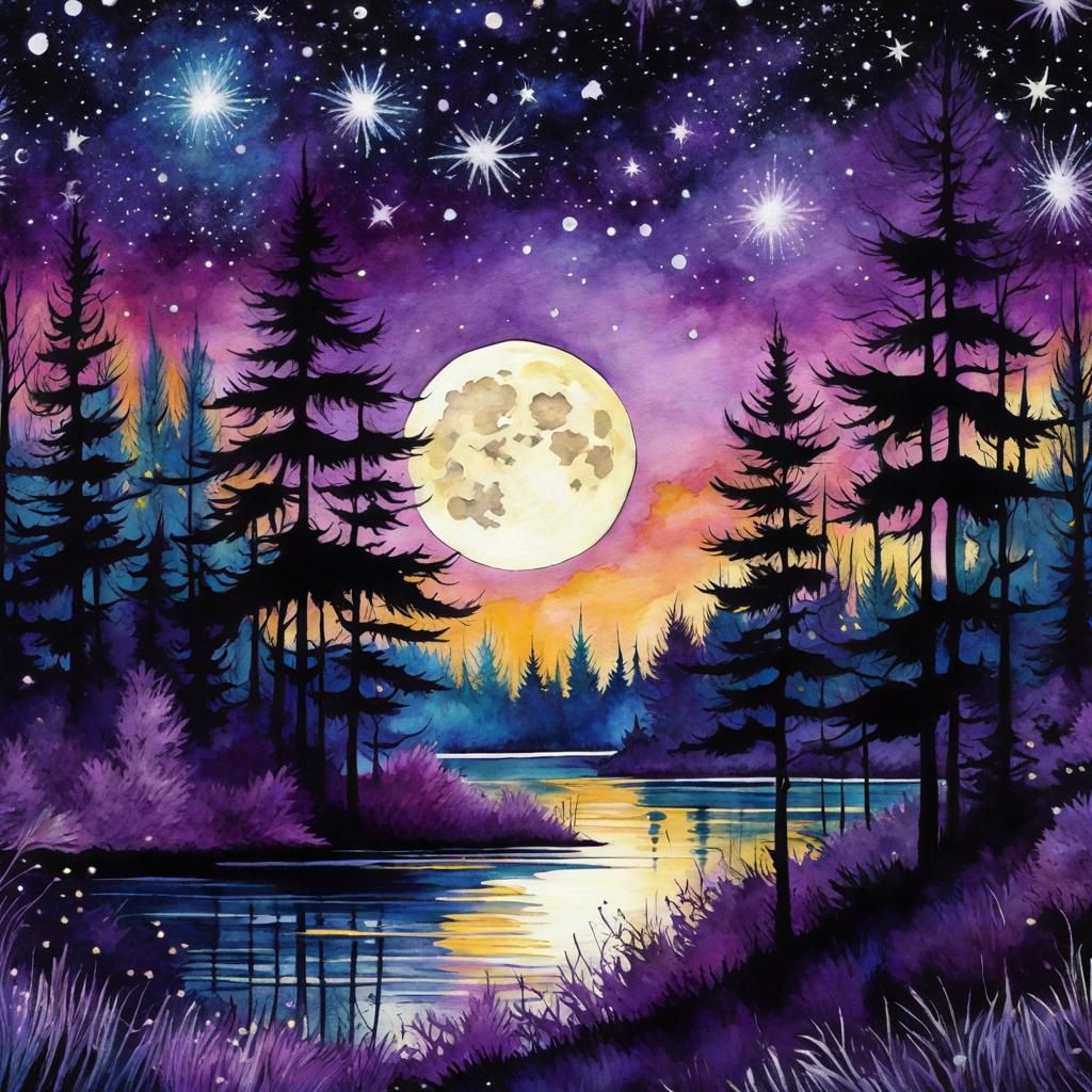 Gothic Forest Under Starry Night Sky in Graffiti Art