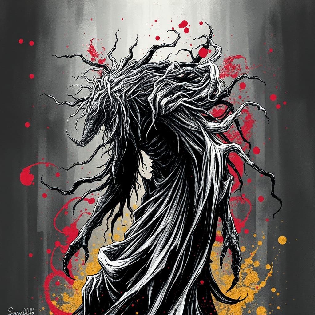 Banshee in Black and White Ink Drawing