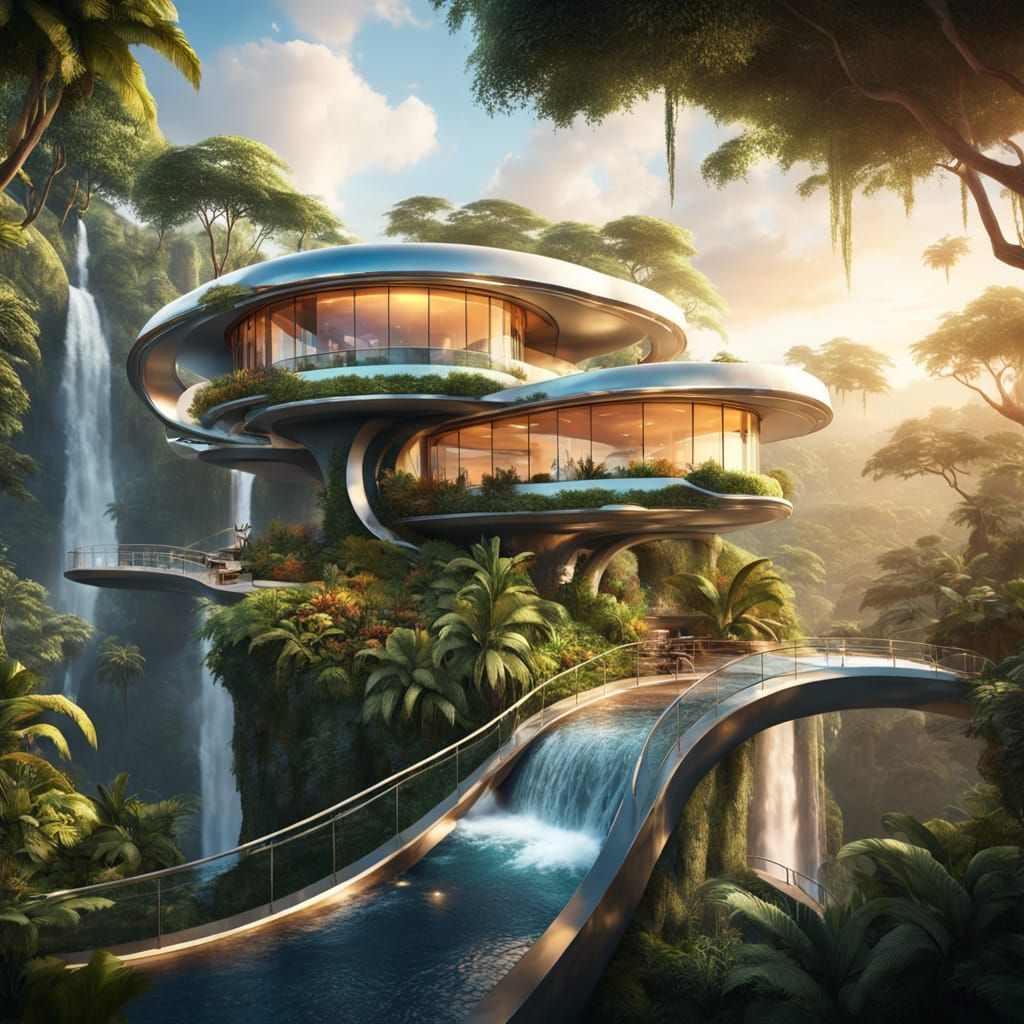 Futuristic Villa on Waterfall Edge in Golden Sunset