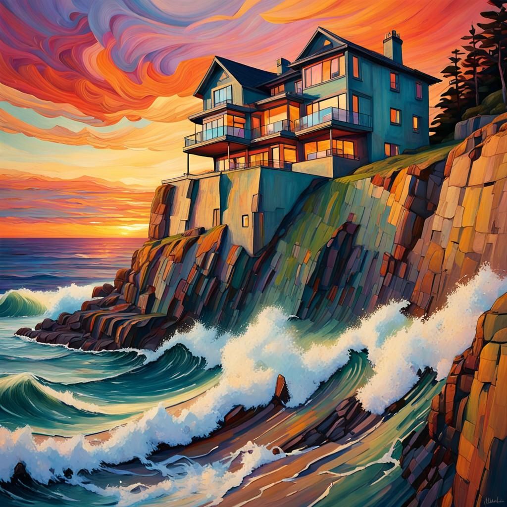 Cliffside House at Sunset in Expressionist Style