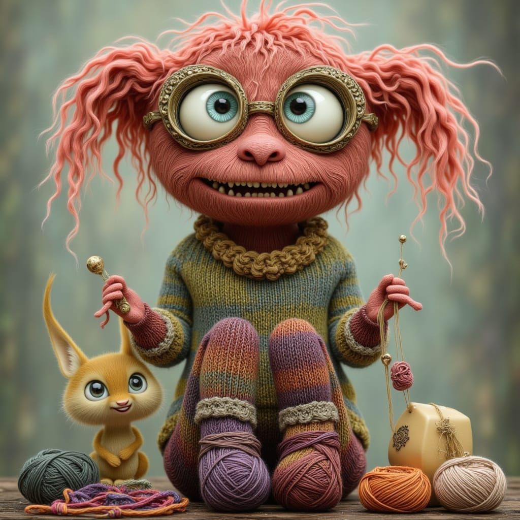 Yarn monster knitting a sweater, pop surrealism <lora:Quirky Whimsy:1.0>