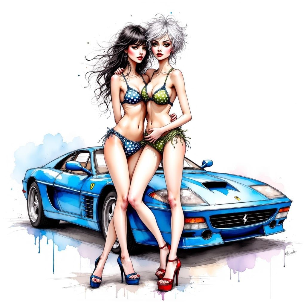 Two Women Embrace Beside Blue Ferrari in Line Drawing Style