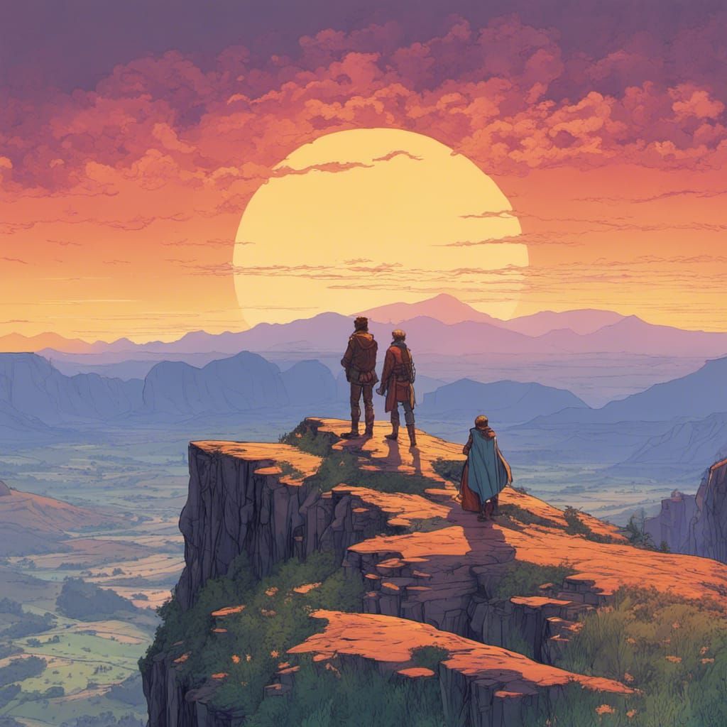 Adventurers Discover Serene Valley: Moebius-Inspired Fantasy...