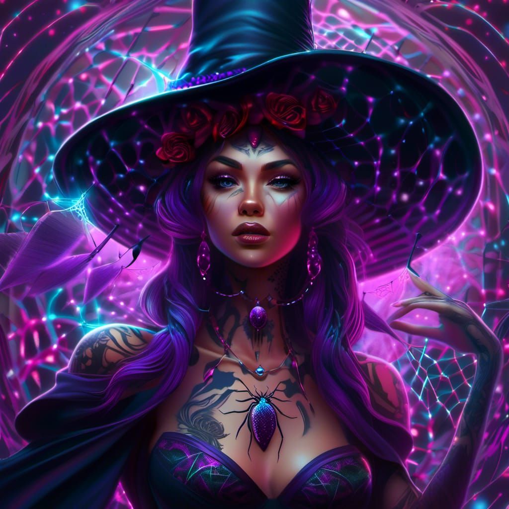 Eerie Witch Goddess with Spider Tattoos in Surrealist Art