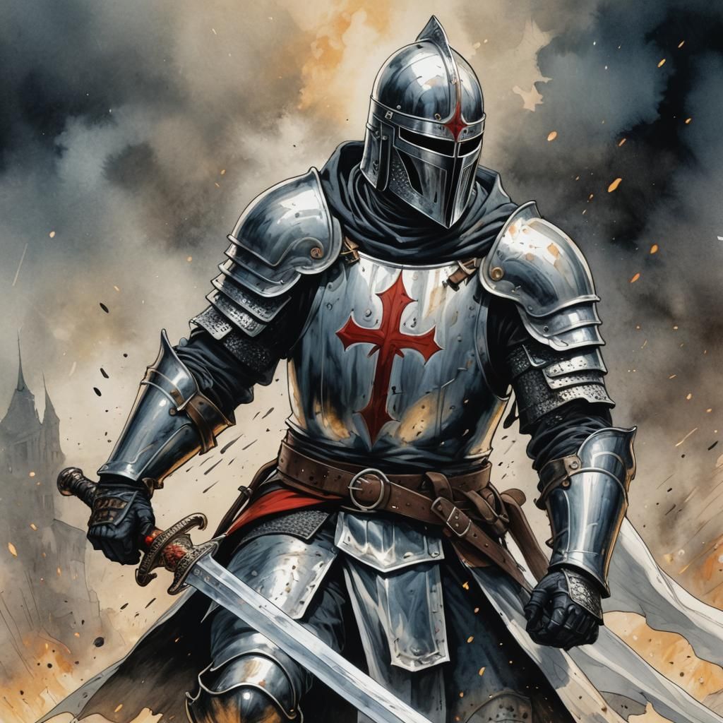 Knight Templar Ready for Battle: Comic Book Art