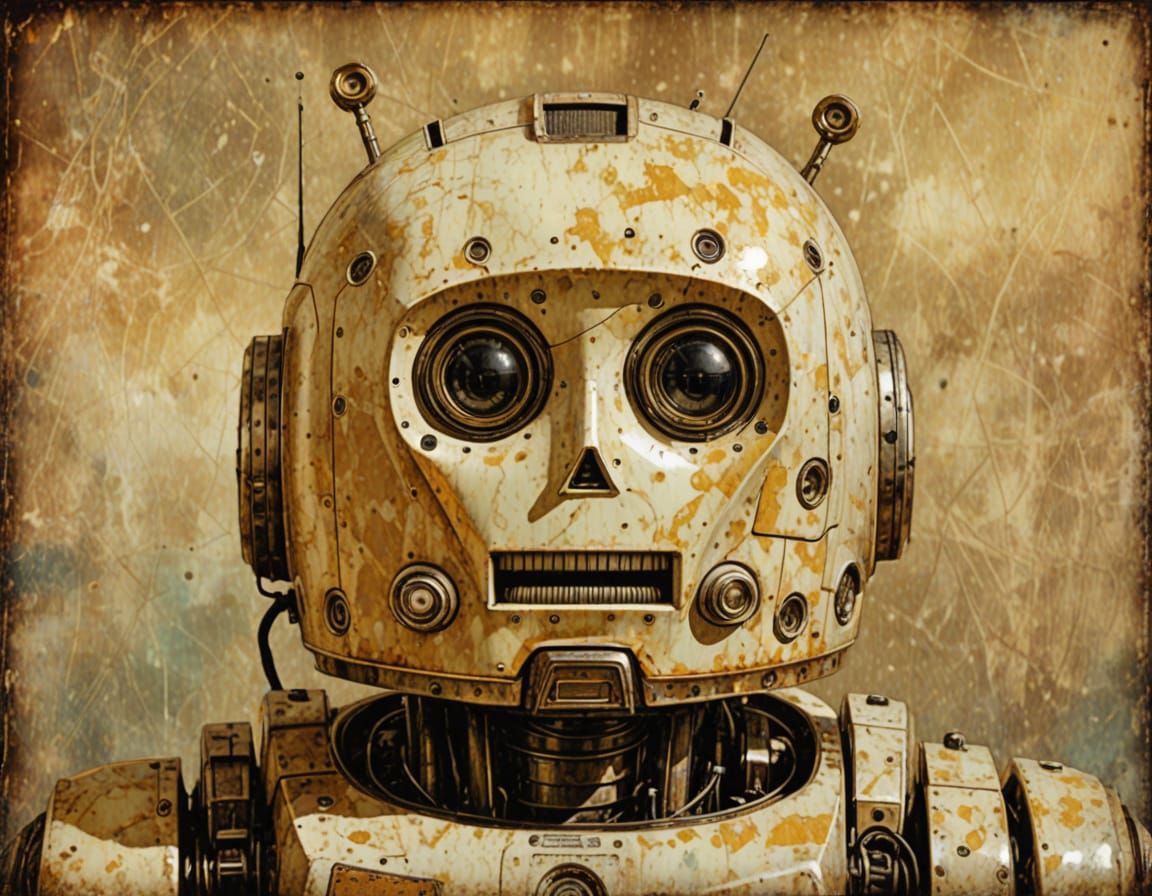 Vintage Robot on Venus: Oil Painting with Encaustic Style