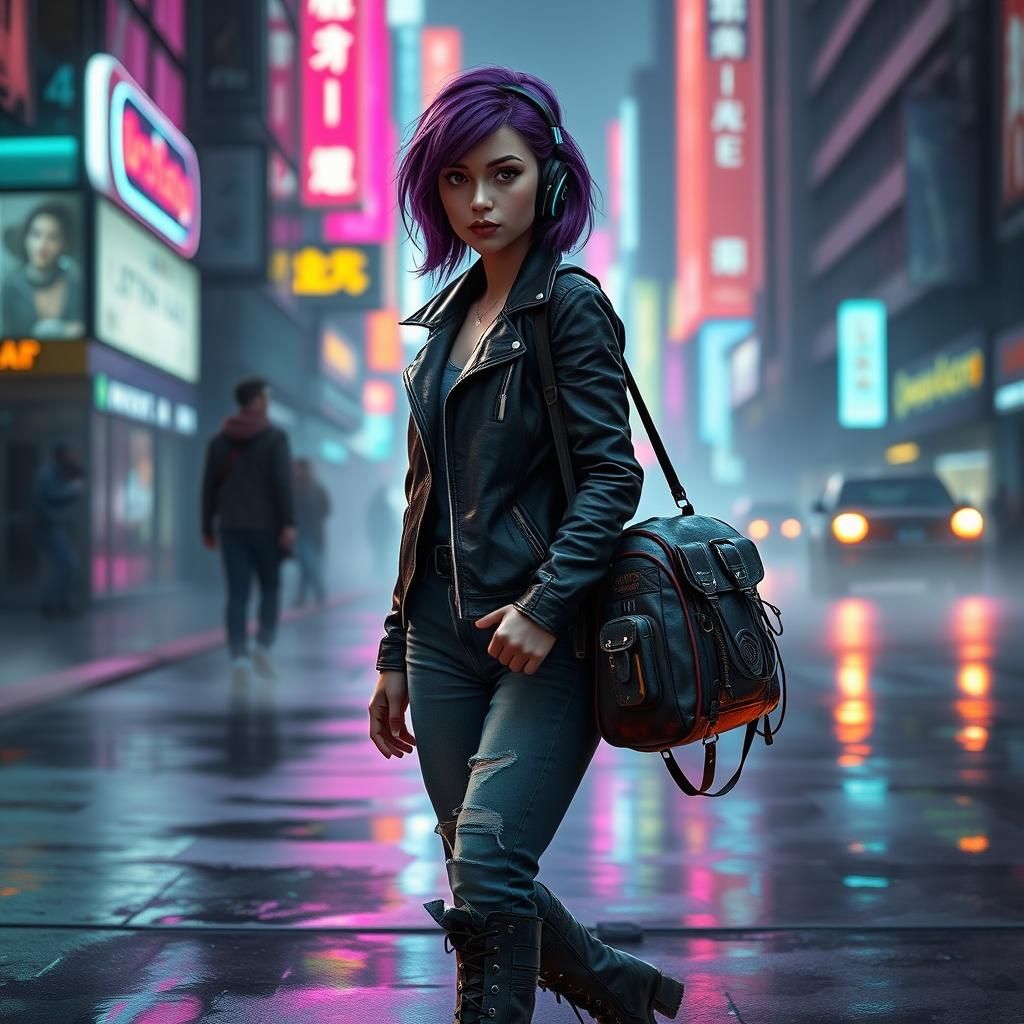 Cyberpunk Woman in Neon Cityscape