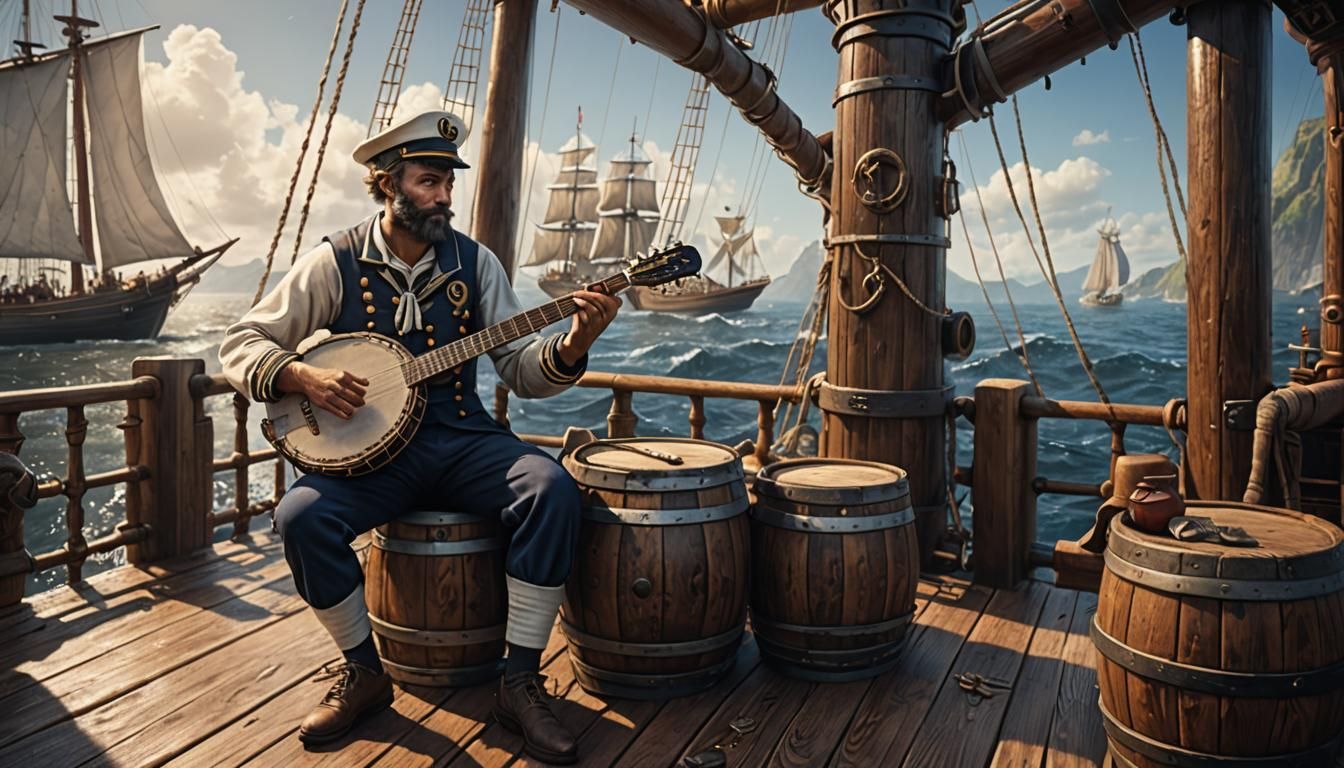 Sailor Plays Banjo on Ship Deck: Matte Painting