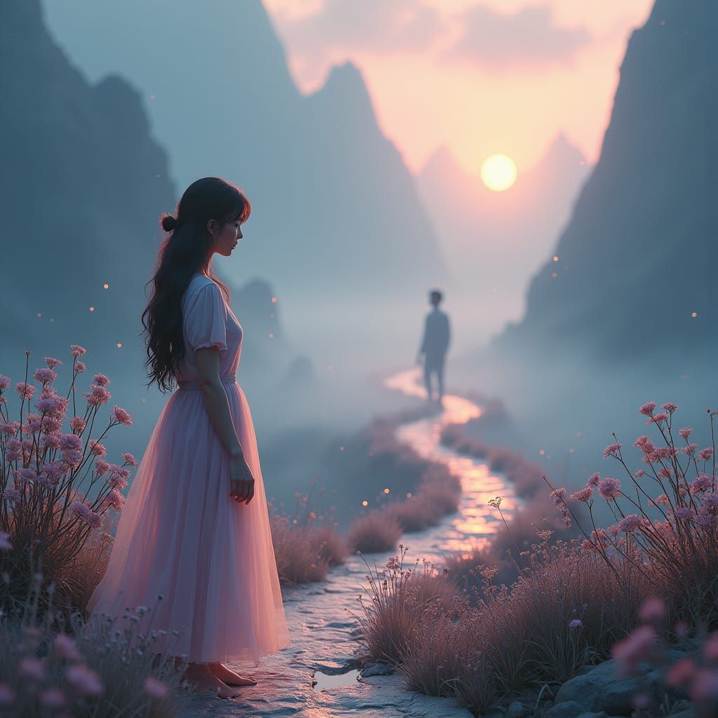 Dreamy Woman Gazing at Silhouette in Misty Landscape