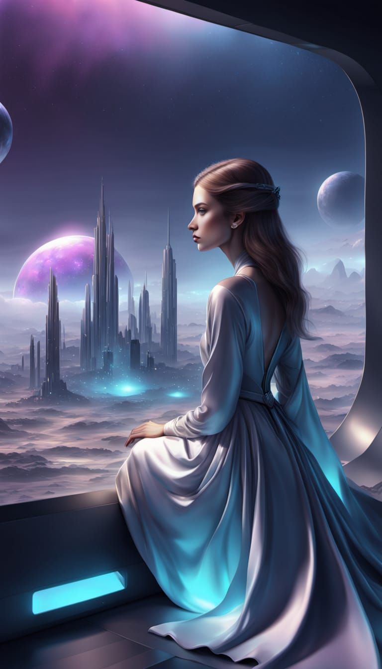 Hyper-Realistic Sci-Fi Goddess in Futuristic Cityscape