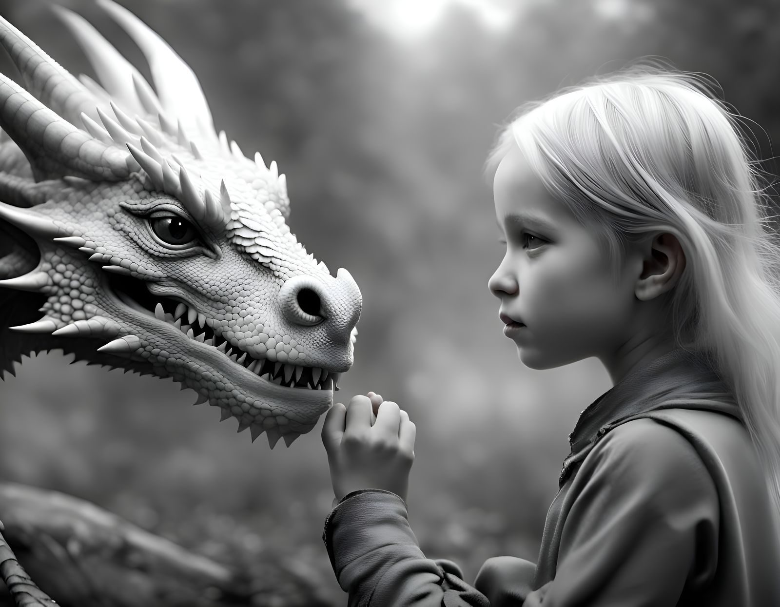 White Dragon and Pet Human in Black and White