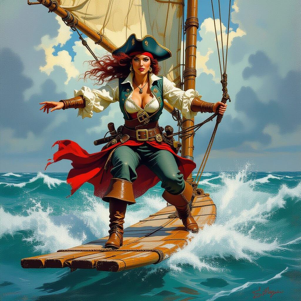 Pirate Windsurfer in Fantasy Oil Painting Style