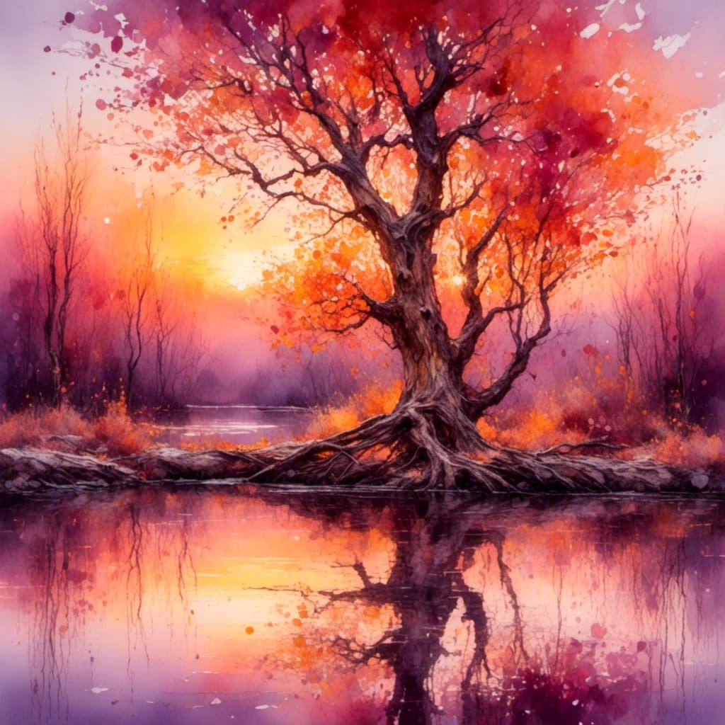 Autumn Sunset River Landscape in Watercolor Style