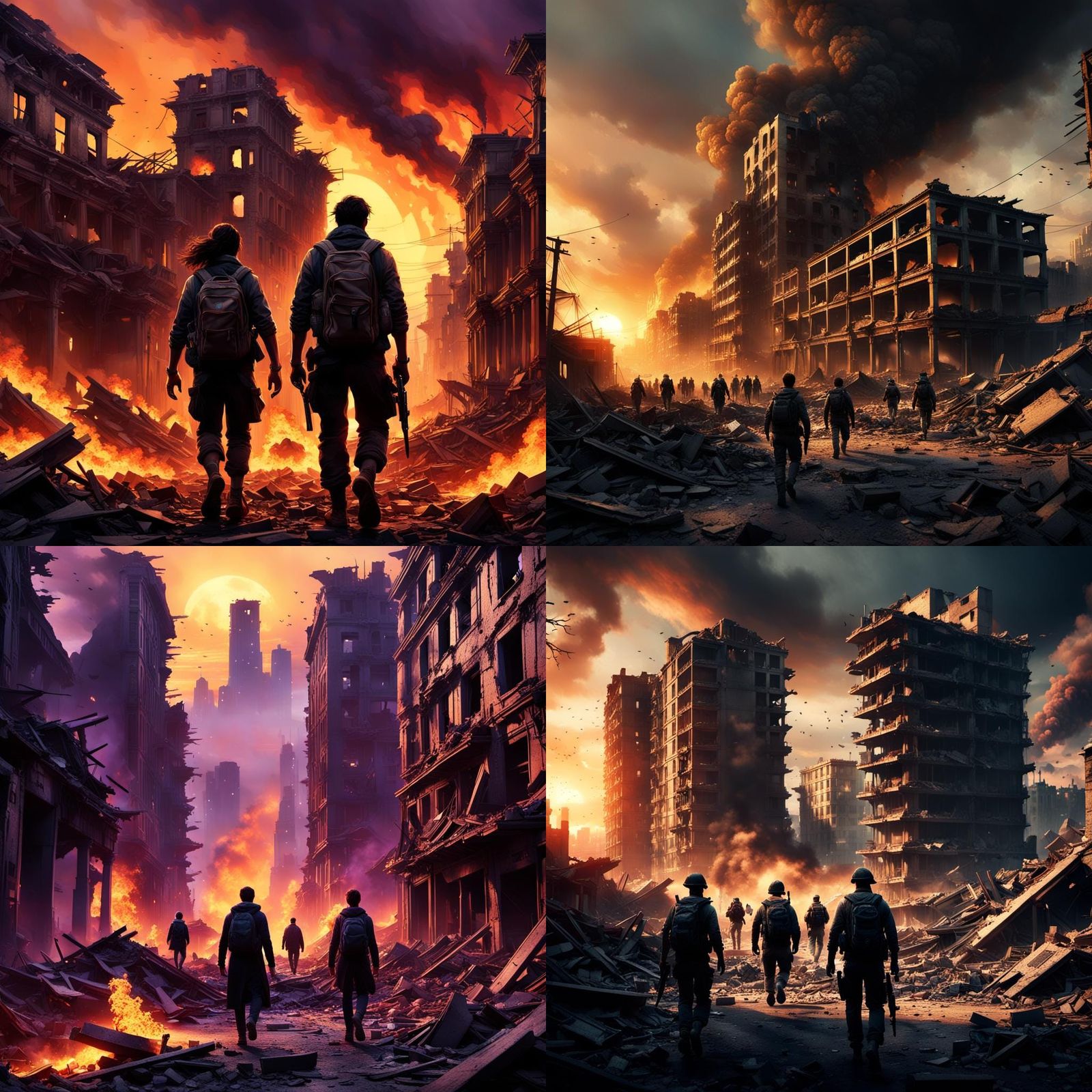 Epic War Devastation: Civilians Amidst Ruins in a Maximalist...