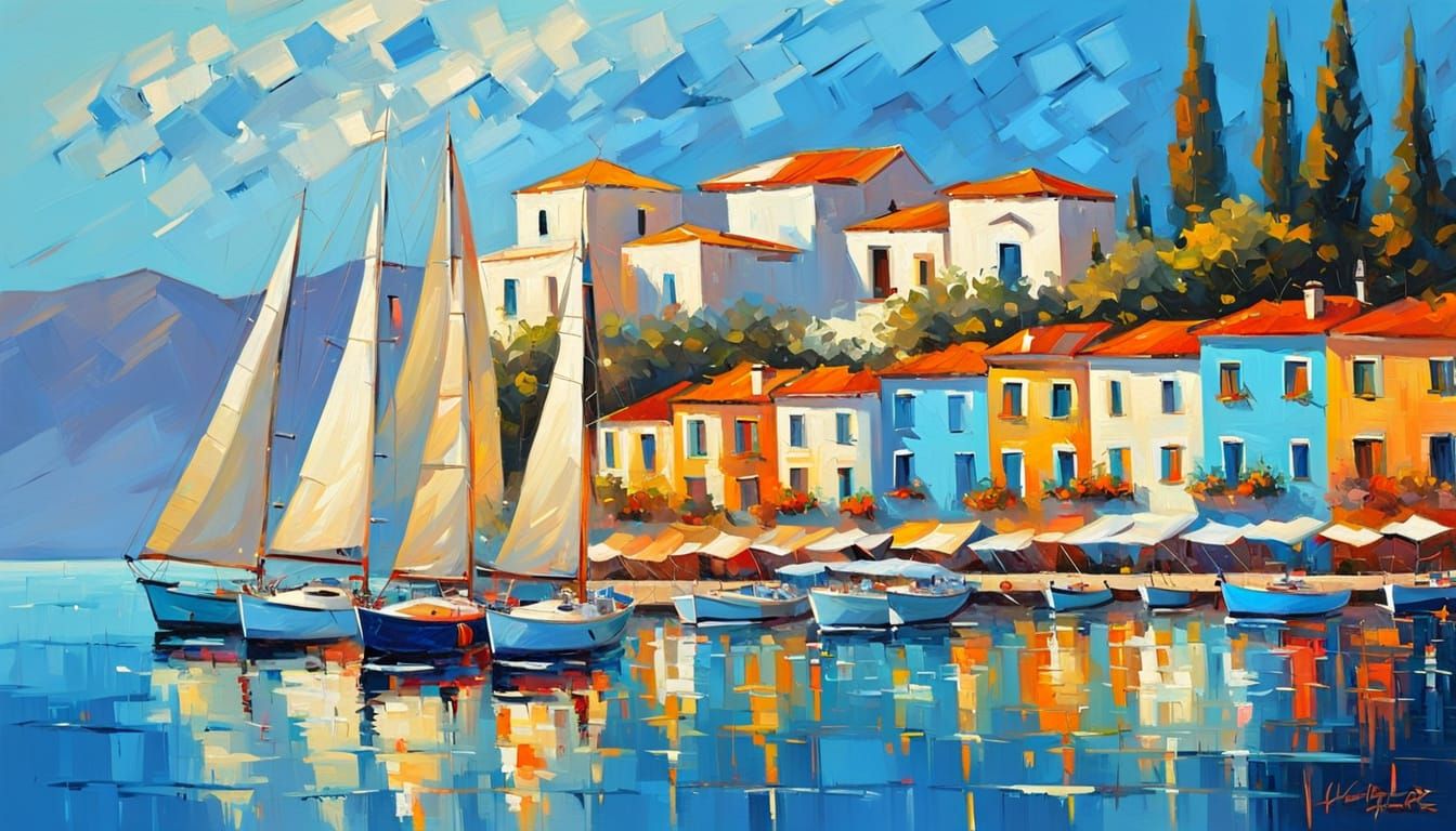 Greek Seascape Oil Painting with Sailboats
