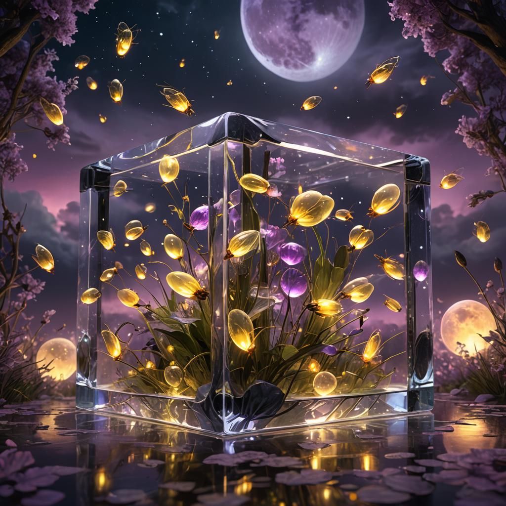 Fireflies Illuminate Glass Cube in Dark Fantasy Art
