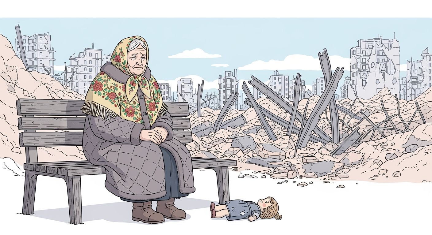 Russian Grandmother in Ruined City, Pastel Art