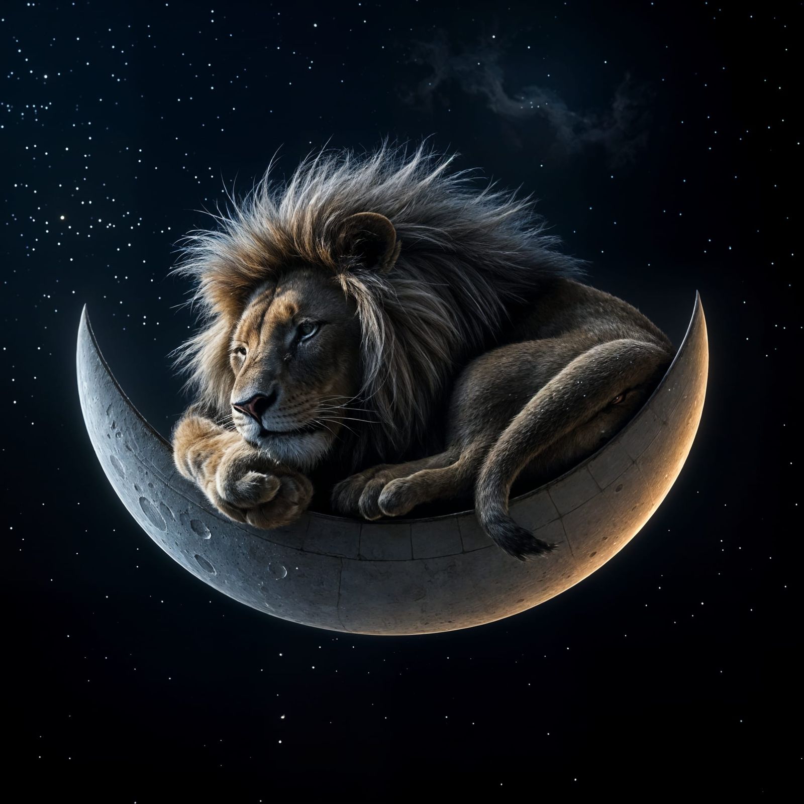 Lion on Crescent Moon in Deep Space, Hyper-Realistic