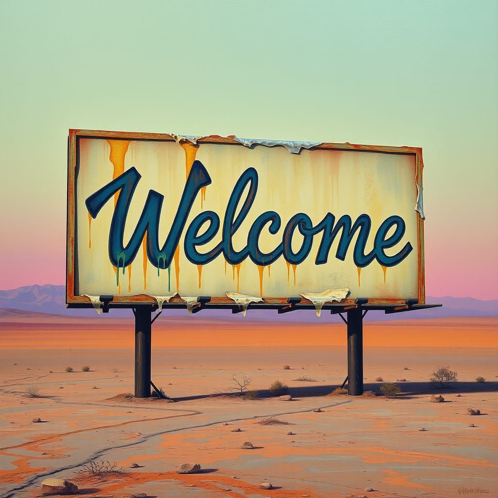 Surrealist Welcome Billboard Melts in Desert Landscape