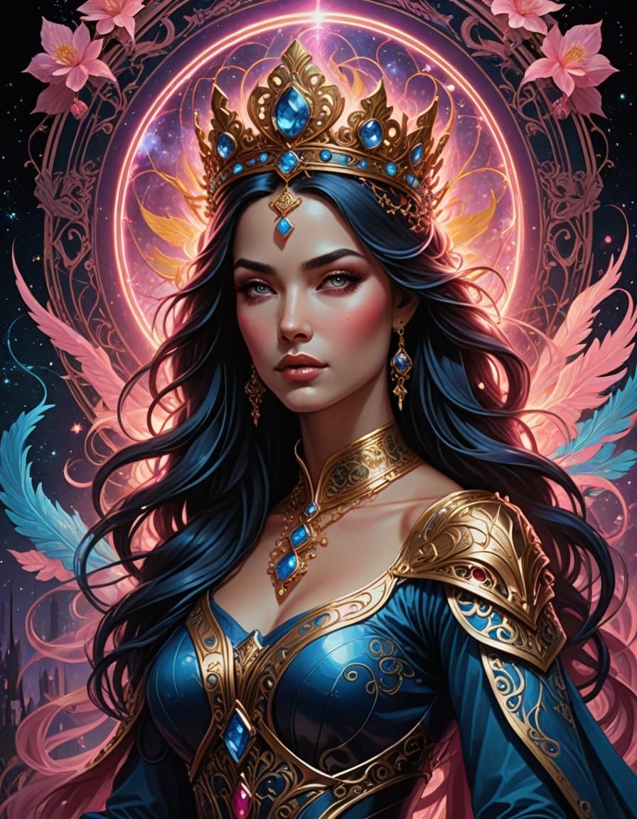 Cosmic Warrior Queen Reigns in Art Nouveau Rococo Elegance