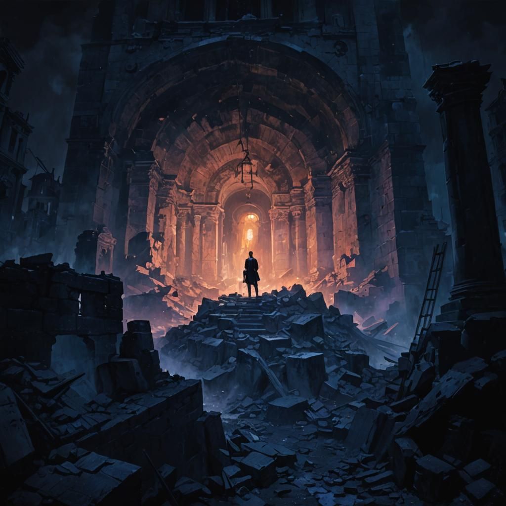 Noir Detective in Ruined Cathedral Painting