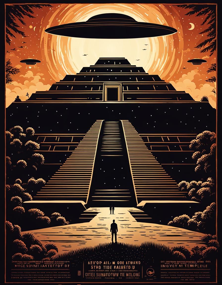 UFO Over Aztec Temple Movie Poster Art