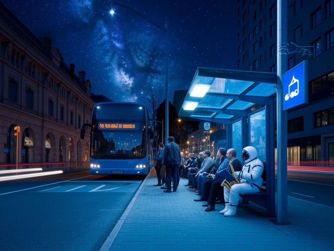 Astronaut at City Bus Stop in Cyberpunk Style