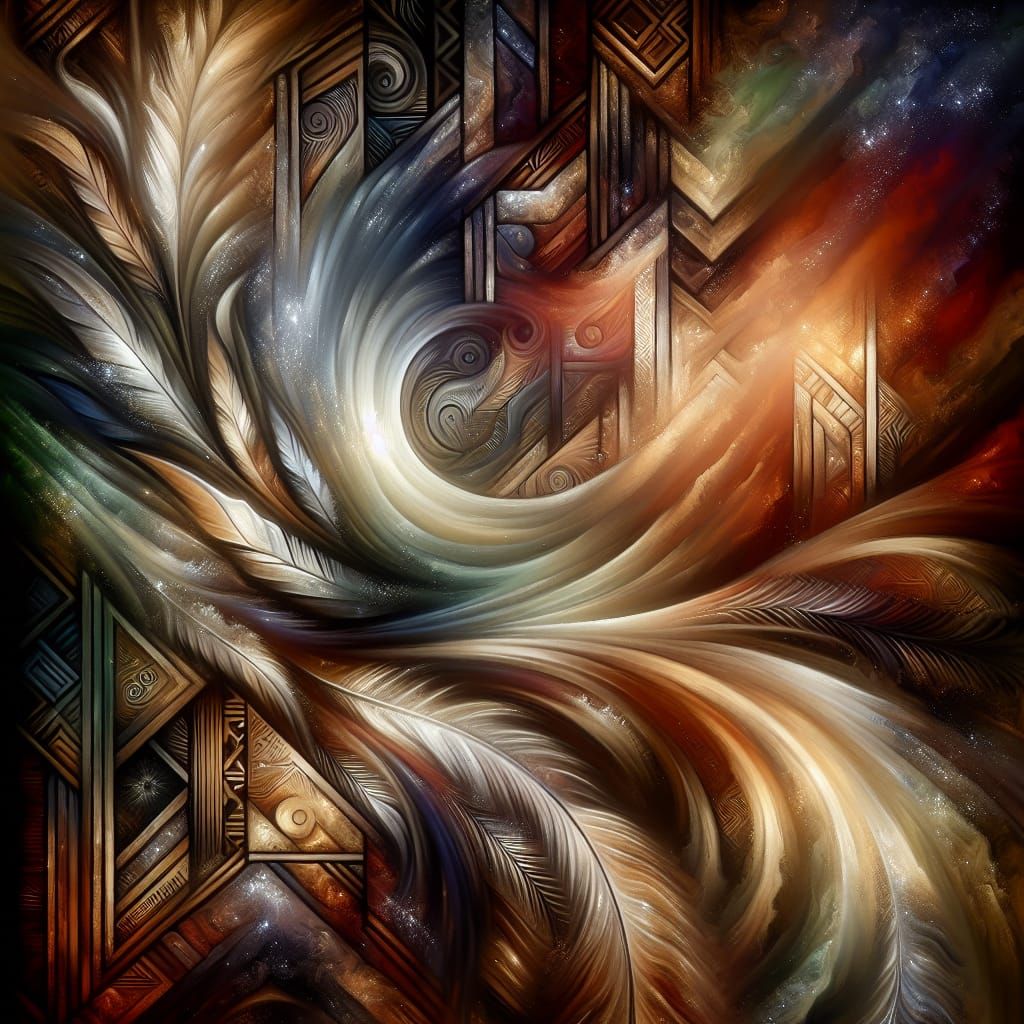 Ethereal Native American Oil Painting with Geometric Motifs