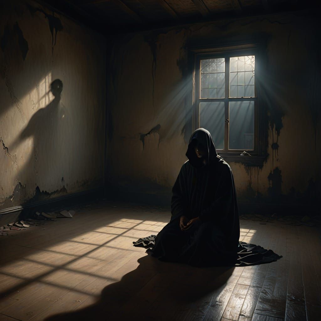 Haunting Oil Painting of a Solitary Figure in Shadow