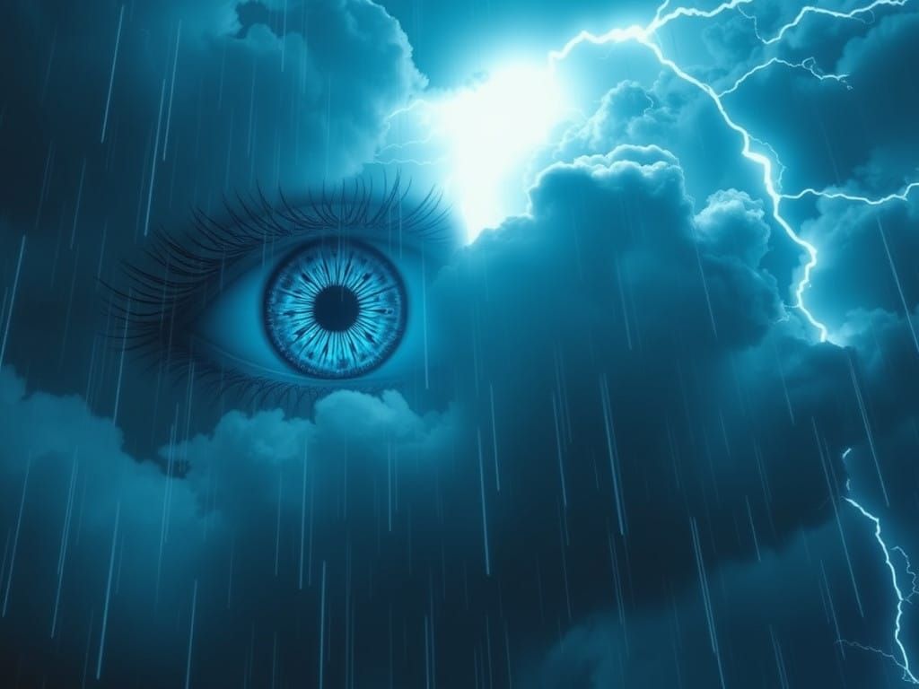 Cyberpunk Stormscape with Glowing Iris