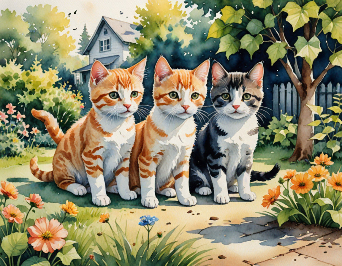 Friendly Furry Friends at Play in a Watercolor Yard