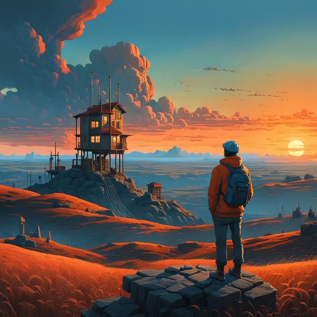 Magical Sunset Landscape in Magic Realism Style