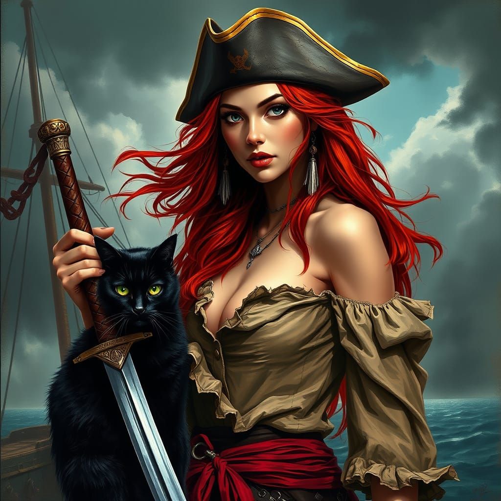 Fierce Female Pirate in Tattered Regalia, Sword and Black Ca...