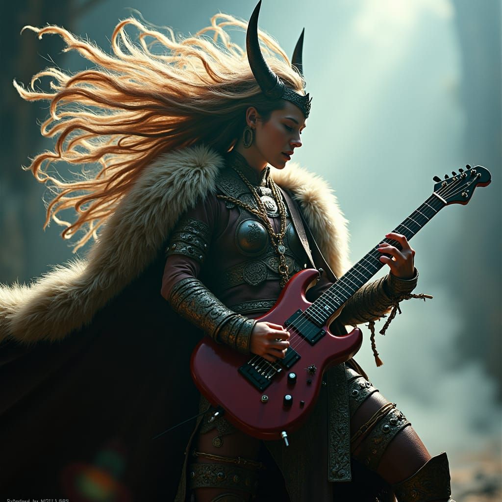 Viking Maiden Shreds Guitar in Dark Fantasy Style