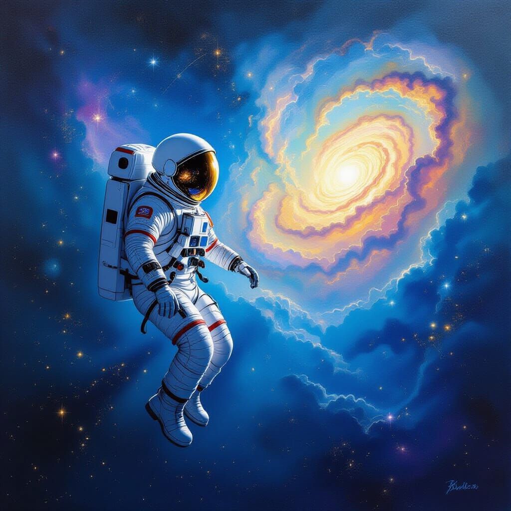 Melancholy Astronaut in Cosmic Nebula Oil Painting