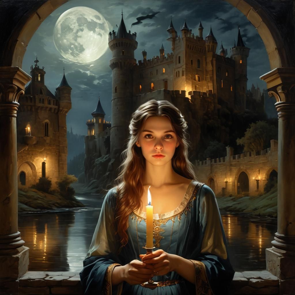 Ethereal Woman Visits Haunted Castle by Moonlight