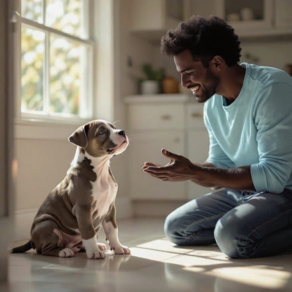 Gray and White Pit Bull Puppy Meets New Owner in Kitchen