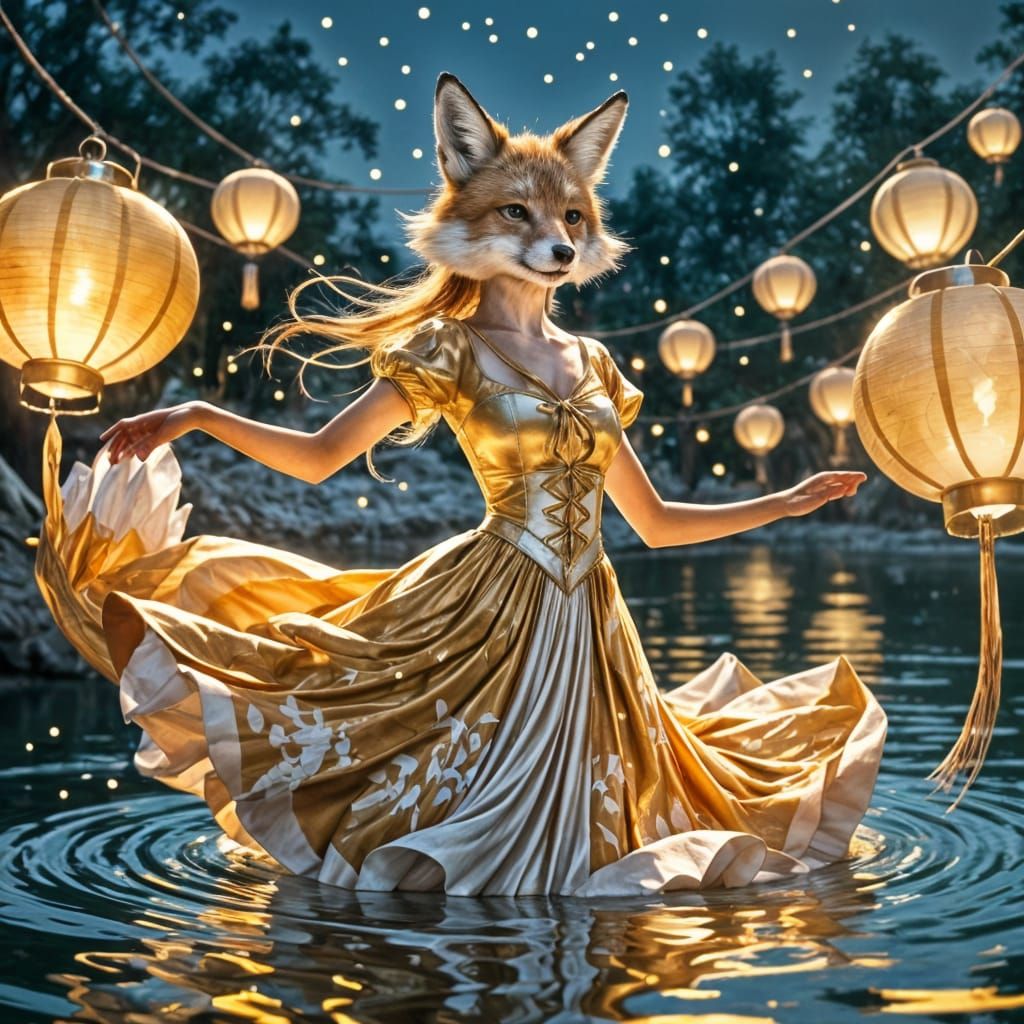 Fox Girl Dances on Moonlit Water in Pastel Fantasy