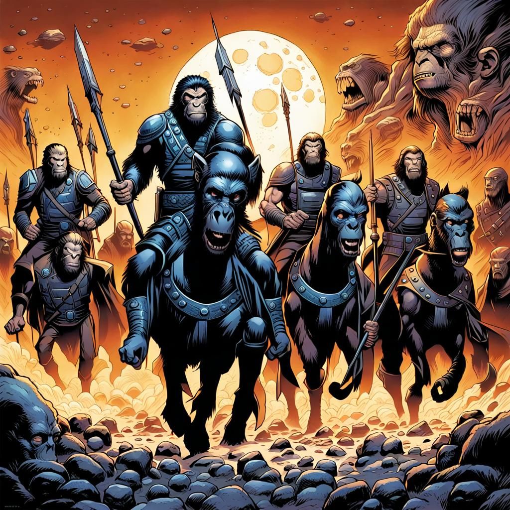 A Legion of Roman Soldiers as Planet of the Apes characters  Mark Brooks and Dan Mumford, comic book art, perfect, smoot...