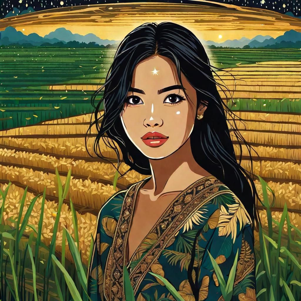 Indonesian Girl in Rice Field Under Starry Night