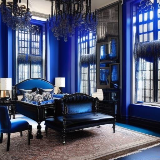 Metallic blue gothic penthouse with cobalt blue accents& Black Gothic windows& black leather Gothic furniture with cobal...
