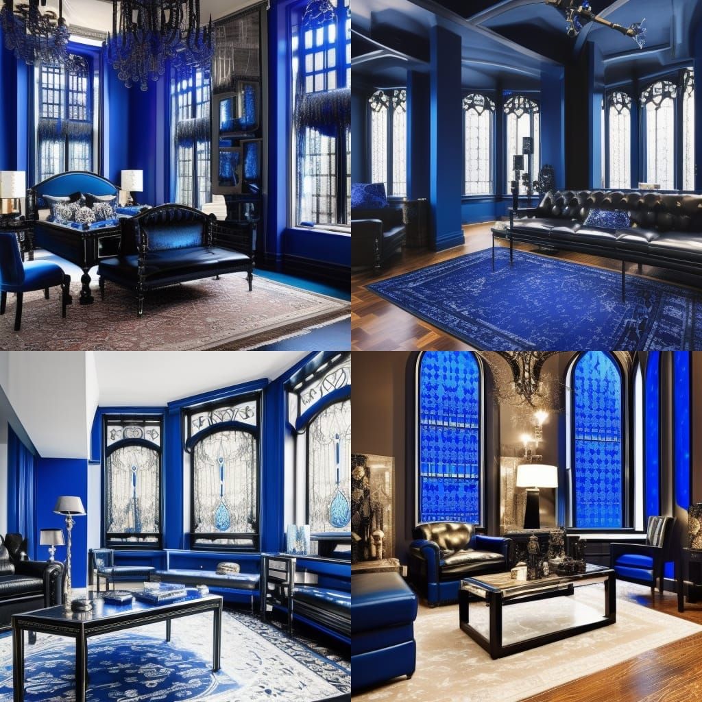 Metallic blue gothic penthouse with cobalt blue accents& Black Gothic windows& black leather Gothic furniture with cobal...