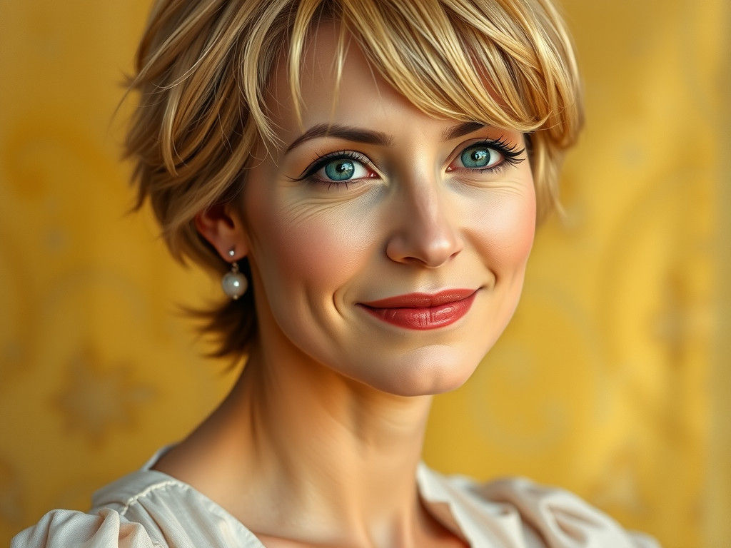 Elegant Blonde Woman with Blue Eyes in Impressionist Style