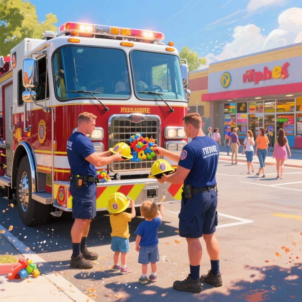 Concept Art: Firefighters Distribute Helmets to Children