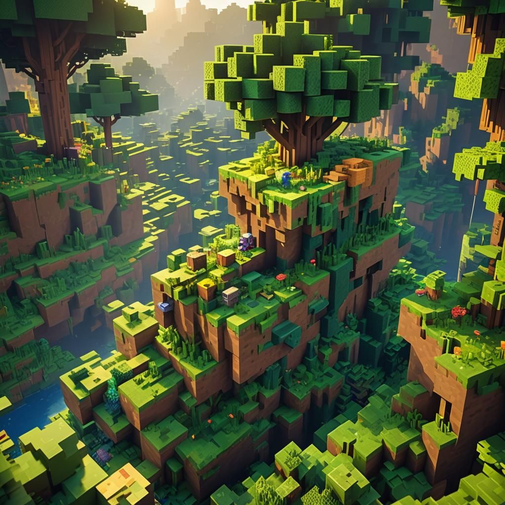 Serene Minecraft-Inspired Digital Utopia in Golden Light
