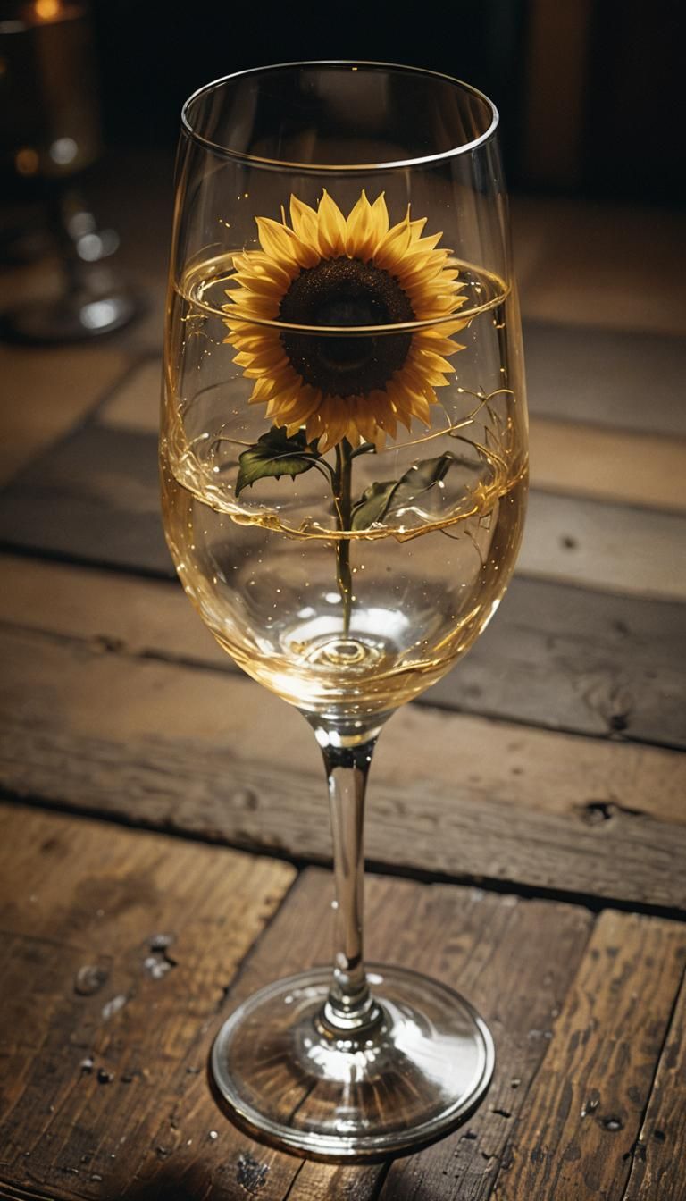 Crystal Sunflower Wine Glass in Dramatic Lighting
