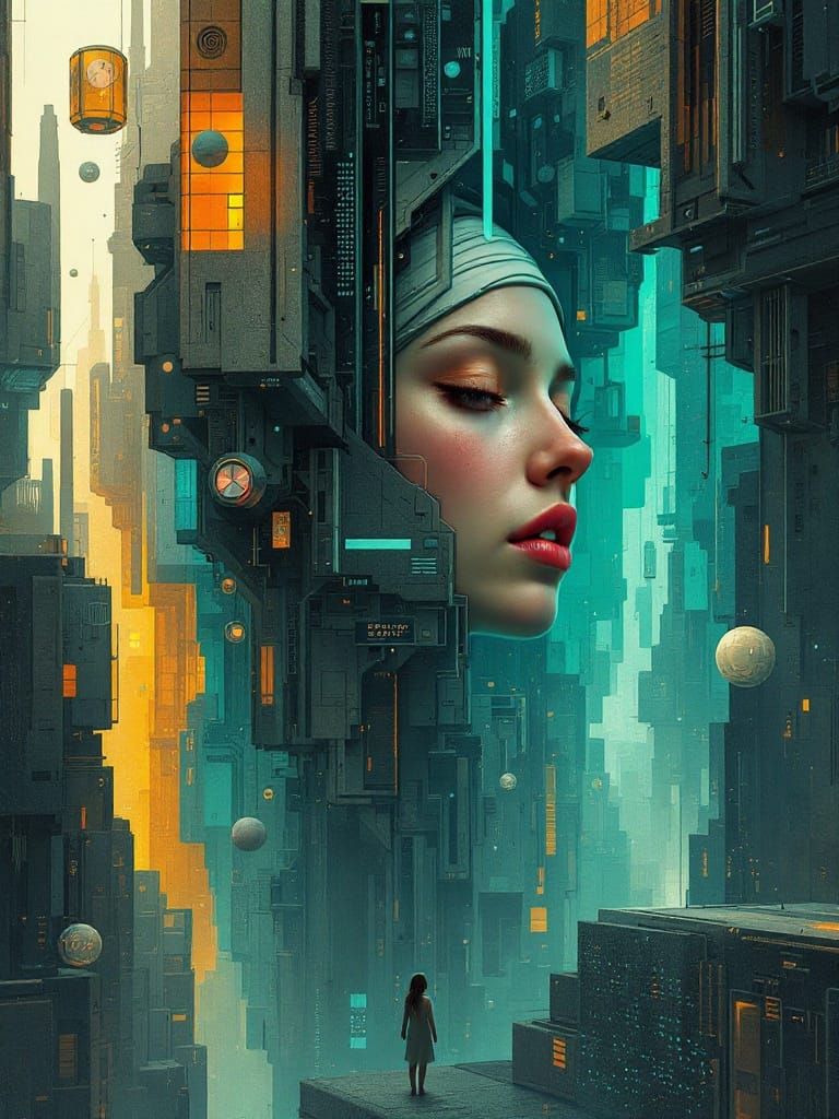 Surreal Female Portrait Emerges from Futuristic Cityscape in...