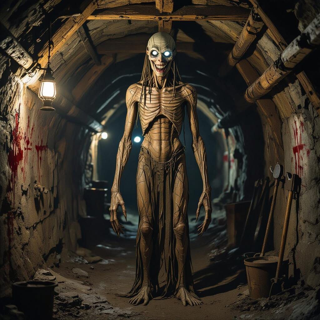 Terrifying Pale Humanoid Figure in Dark Mine