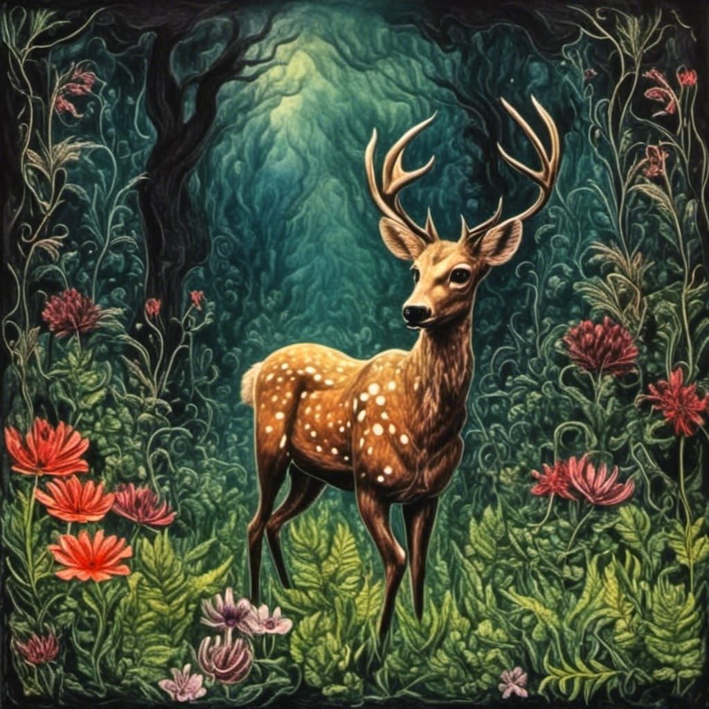 Deer in Sunlit Glade with Floral Accents